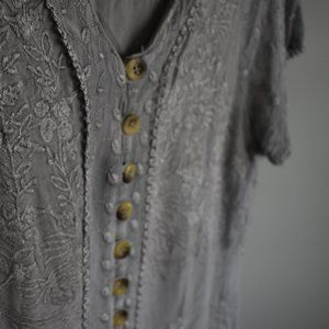 Grey Embroidered Peasant Dress w/ Tortoise Buttons